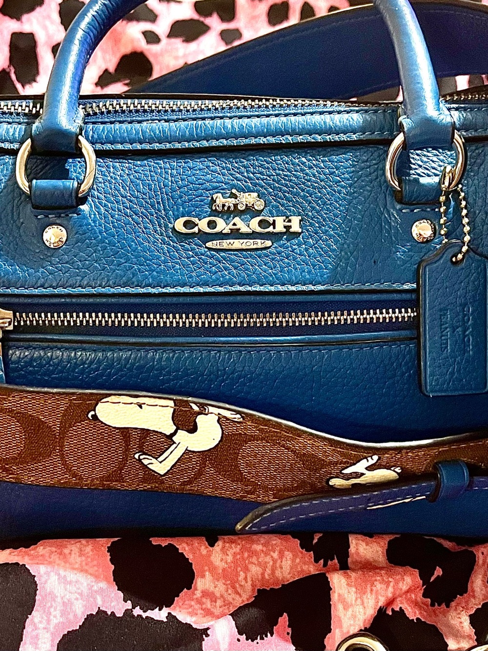 COACH Blue Pebbled Leather Rowen Satchel with Signature Strap Peanuts X Coach